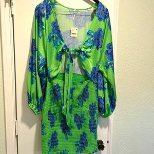 Free People green and blue front tie mini dress size large new with tags